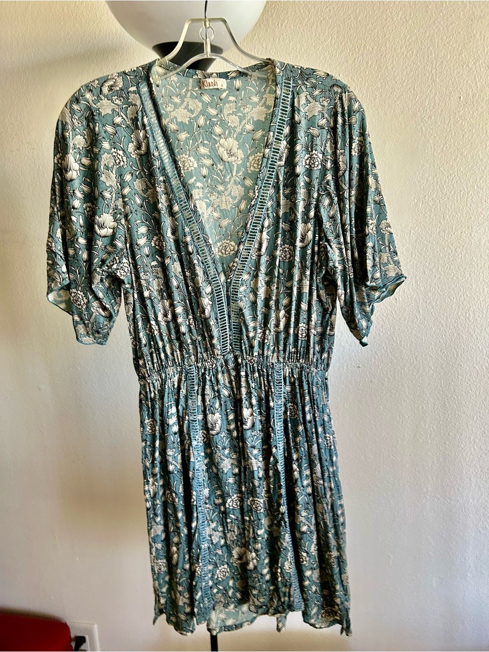 Boho Teal Floral V-Neck Smocked Waist Mini Dress
